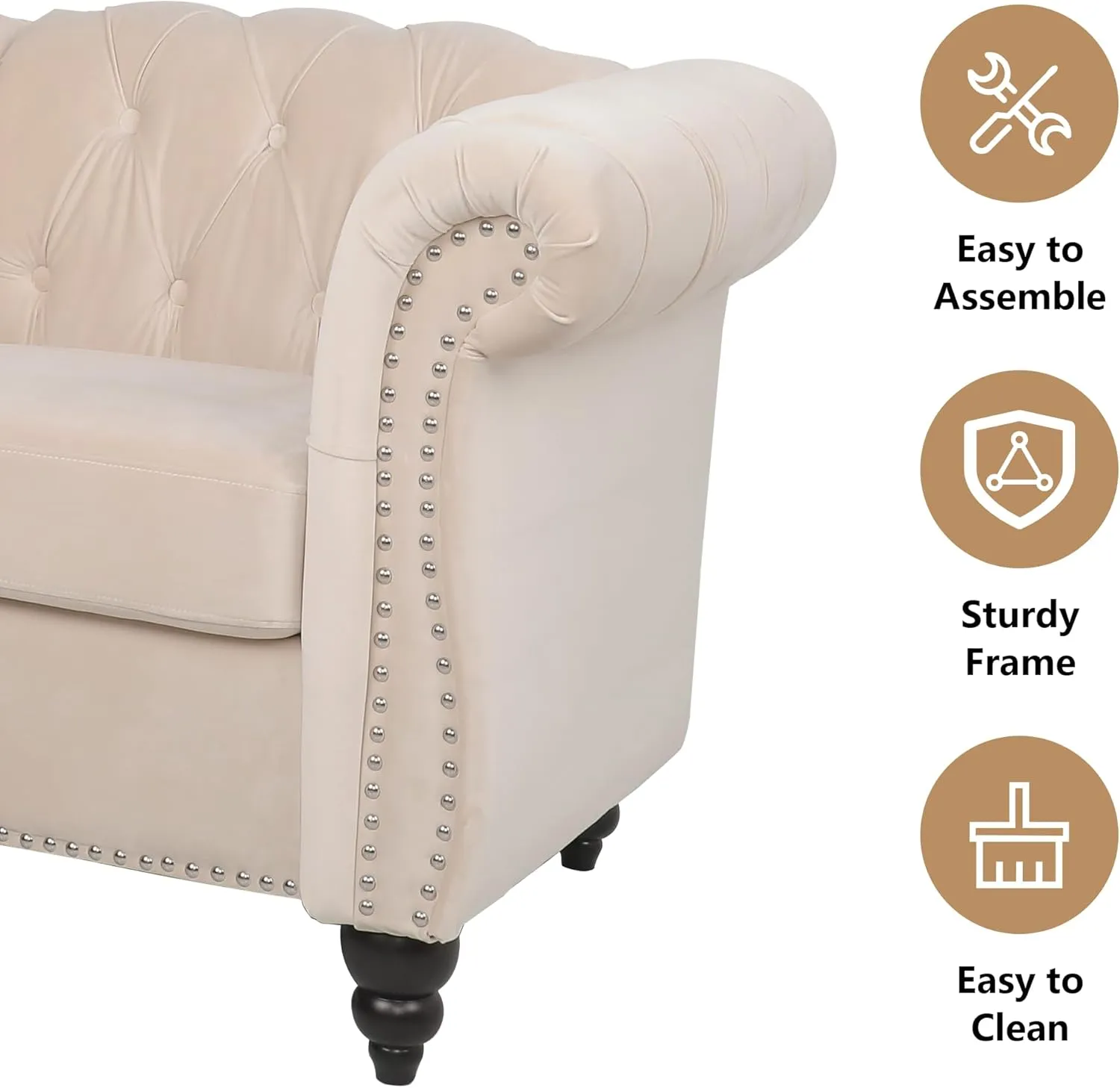 2 Piece Living Room Sofa Set, Chesterfield 3 Seat Sofa Loveseat, Modern Velvet Couch Set with Rolled Arms and Nailhead Upholstered for Living Room, Office and Apartment, Beige