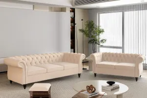 2 Piece Living Room Sofa Set, Chesterfield 3 Seat Sofa Loveseat, Modern Velvet Couch Set with Rolled Arms and Nailhead Upholstered for Living Room, Office and Apartment, Beige