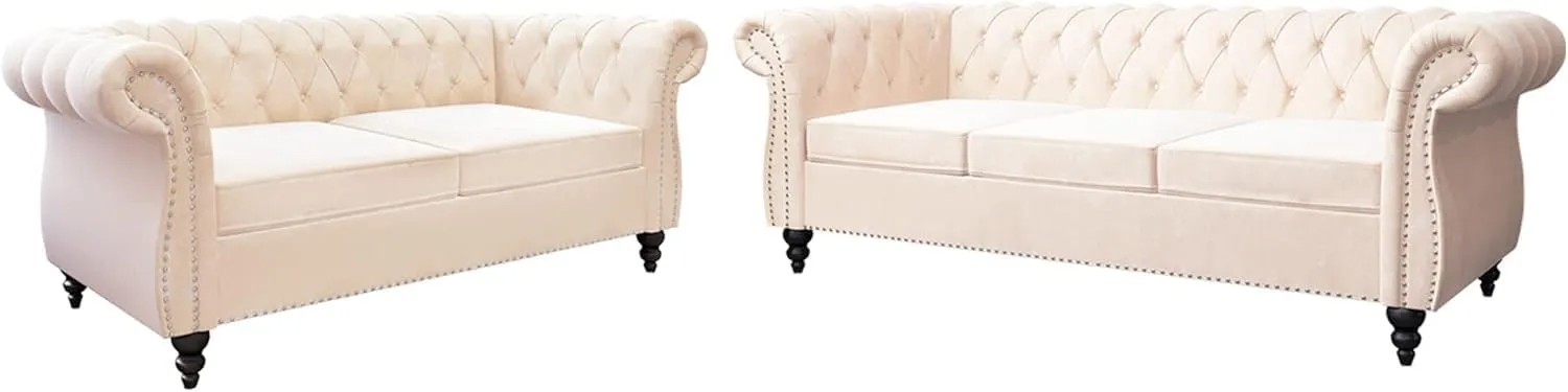 2 Piece Living Room Sofa Set, Chesterfield 3 Seat Sofa Loveseat, Modern Velvet Couch Set with Rolled Arms and Nailhead Upholstered for Living Room, Office and Apartment, Beige