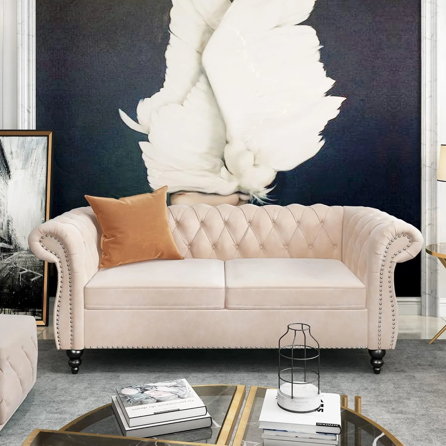 2 Piece Living Room Sofa Set, Chesterfield 3 Seat Sofa Loveseat, Modern Velvet Couch Set with Rolled Arms and Nailhead Upholstered for Living Room, Office and Apartment, Beige
