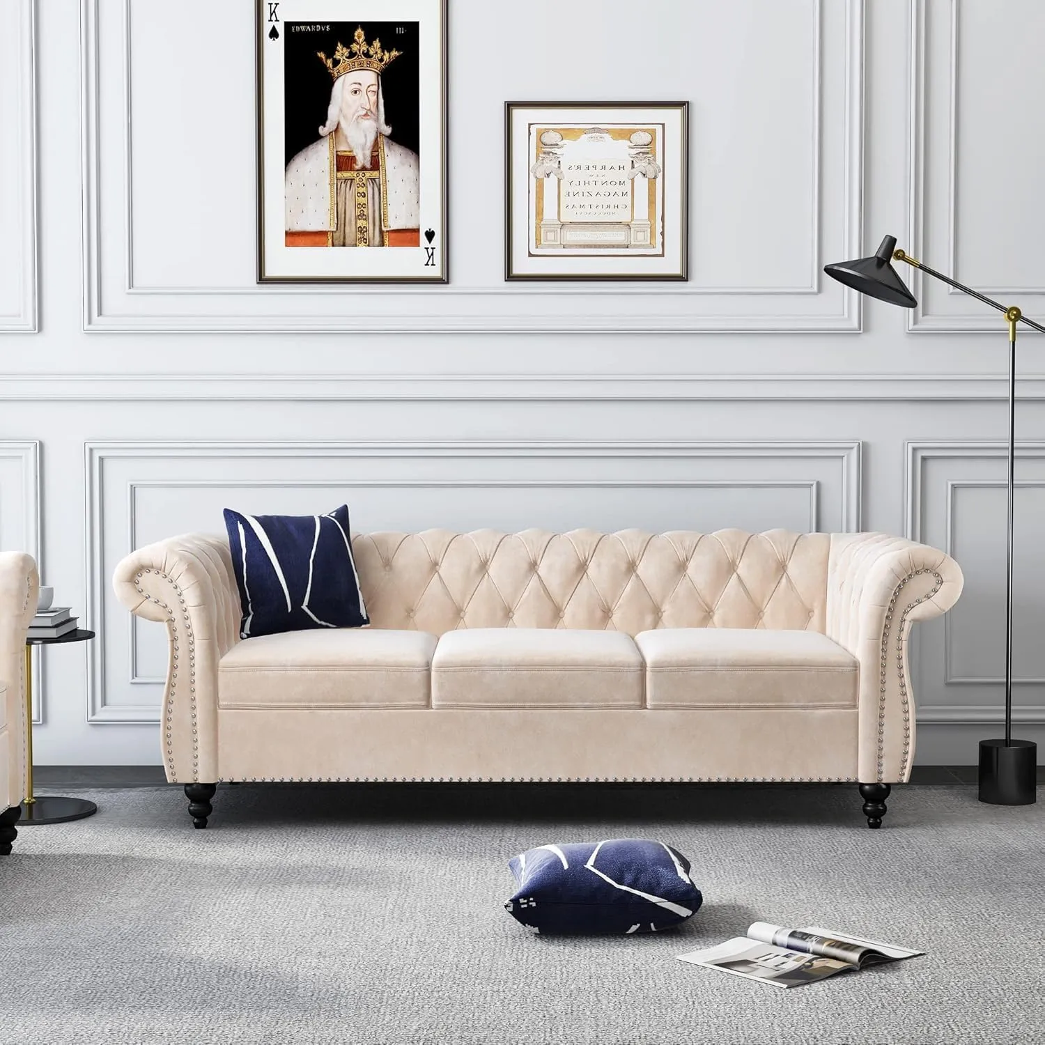 2 Piece Living Room Sofa Set, Chesterfield 3 Seat Sofa Loveseat, Modern Velvet Couch Set with Rolled Arms and Nailhead Upholstered for Living Room, Office and Apartment, Beige