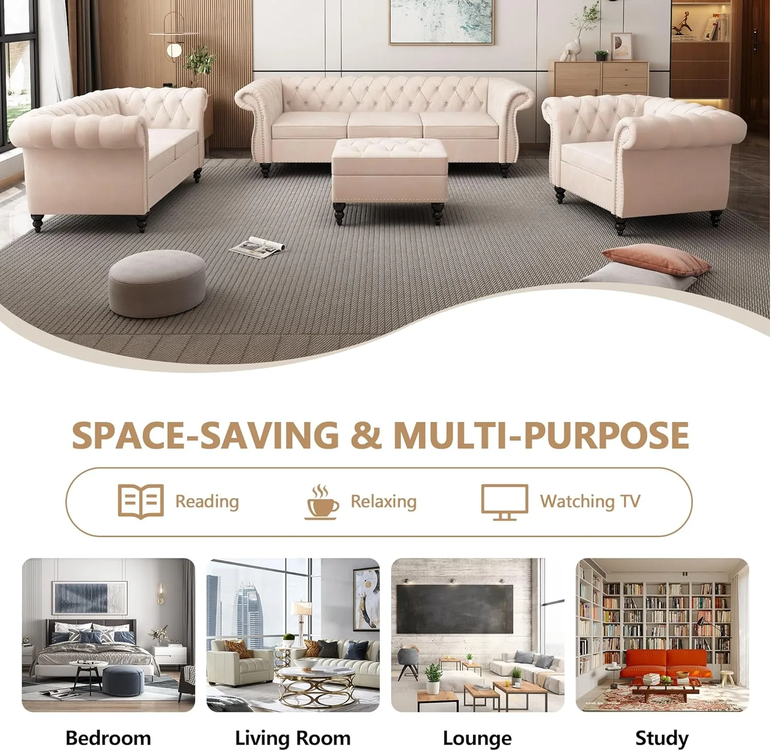 2 Piece Living Room Sofa Set, Chesterfield 3 Seat Sofa Loveseat, Modern Velvet Couch Set with Rolled Arms and Nailhead Upholstered for Living Room, Office and Apartment, Beige