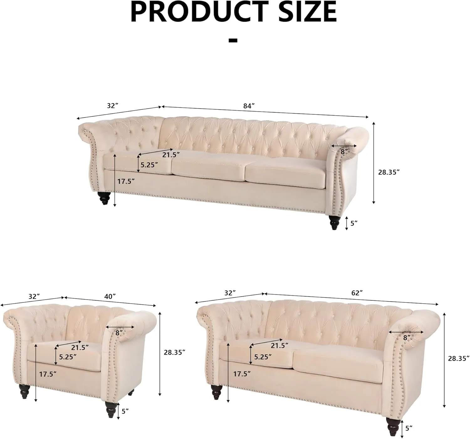 2 Piece Living Room Sofa Set, Chesterfield 3 Seat Sofa Loveseat, Modern Velvet Couch Set with Rolled Arms and Nailhead Upholstered for Living Room, Office and Apartment, Beige