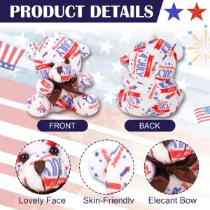20 Set 4th of July Mini Plush Bears 4 Inch Independence Day Tiny Bears Toys Patriotic Mini Stuffed Animals with Star Cards Organza Bags Rope for Celebrate Independence Day Party Decor Favors