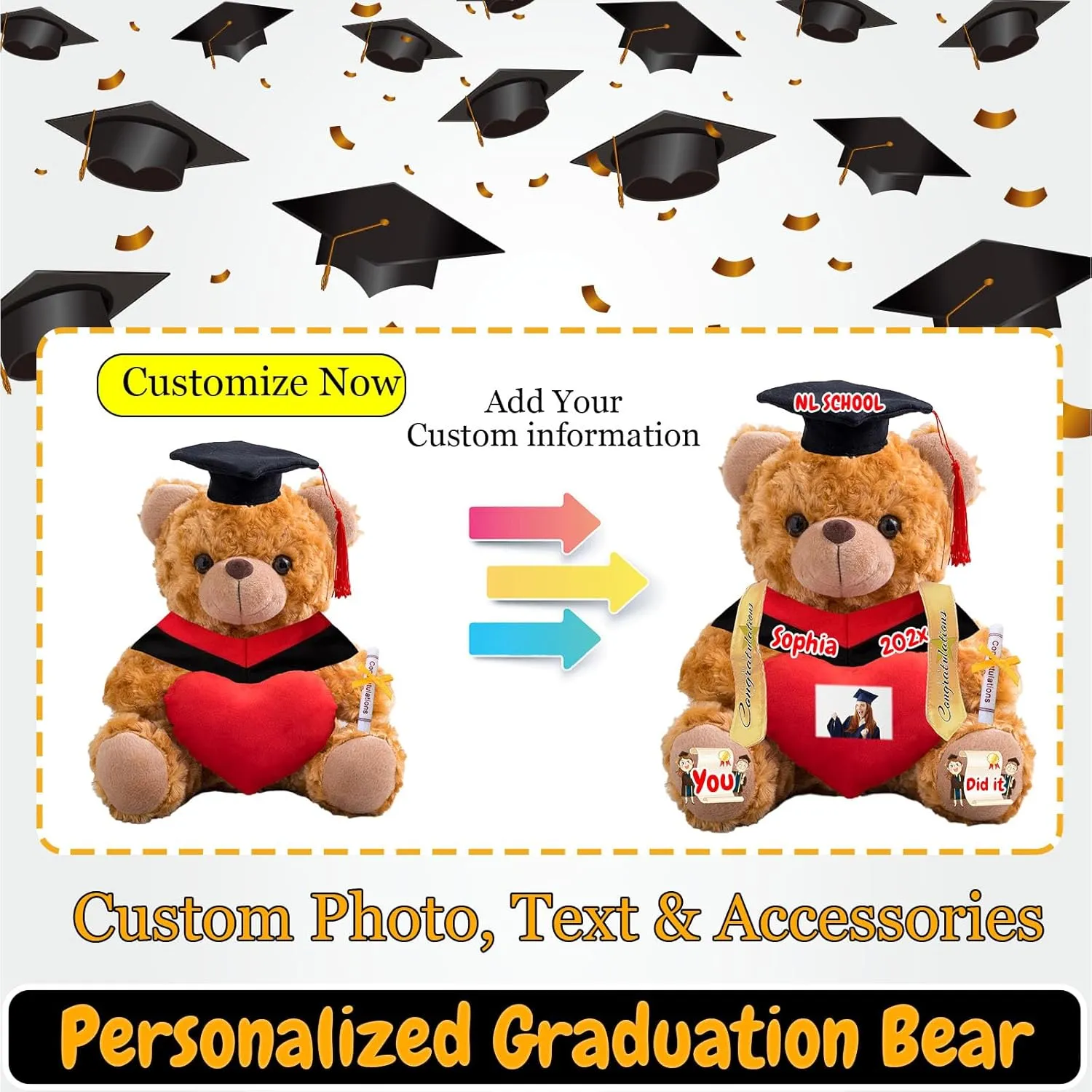 2025 Graduation Teddy Bear with Heart, Personalized Teddy Bear Plush Toys as Graduation Gifts for Her Him as High School College Kindergarten Graduation Day 2025 (10 in-Text Photo)