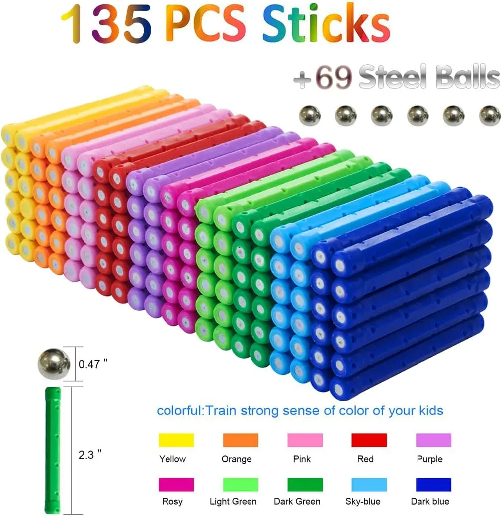 204 Pcs Magnetic Building Sticks Blocks Toys, 2.3" Length Magnet Educational Stacking Toys Set for Kids and Adult, STEM Building Toy 3D Non-Magnetic Balls with Storage Bag