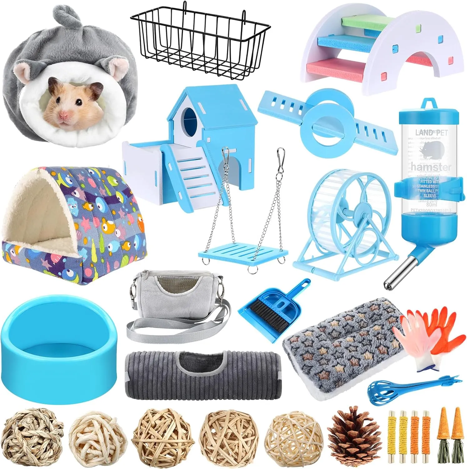 24 Pcs Small Guinea Pig Starter Kit Essentials for Hamster Cage Accessories Toys House Bed Cage Cleaner Food Bowl Water Holder Carrier Bag Teething Toys Liner Tunnel for Beginner
