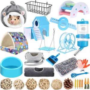 24 Pcs Small Guinea Pig Starter Kit Essentials for Hamster Cage Accessories Toys House Bed Cage Cleaner Food Bowl Water Holder Carrier Bag Teething Toys Liner Tunnel for Beginner