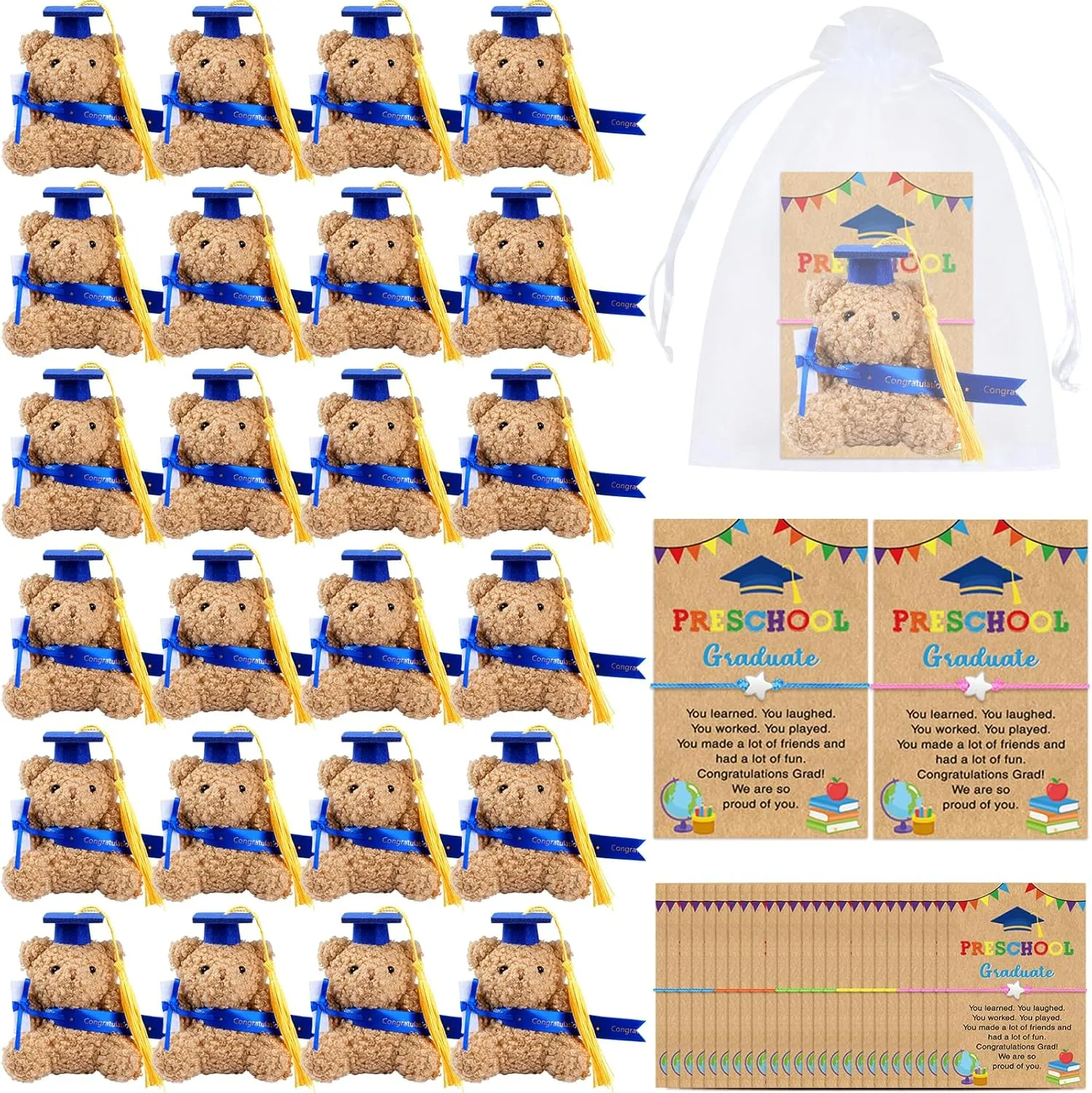 25 Set Preschool Graduation Bear Gift Bulk, Mini Grad Bear with Adjustable Star Bracelets Card Bags, Class of 2025 Preschool PreK Graduation Gifts from Teacher for Kids Student Party Favor Decorations