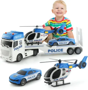 25.6'' Large Police Car Toy and Semi Truck Toy with Racing Car and Helicopter - Police Toys,Birthday Gifts for Kids Child 3 4 5 6 Years Old