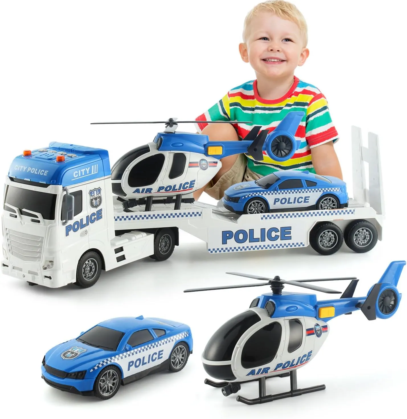 25.6'' Large Police Car Toy and Semi Truck Toy with Racing Car and Helicopter - Police Toys,Birthday Gifts for Kids Child 3 4 5 6 Years Old