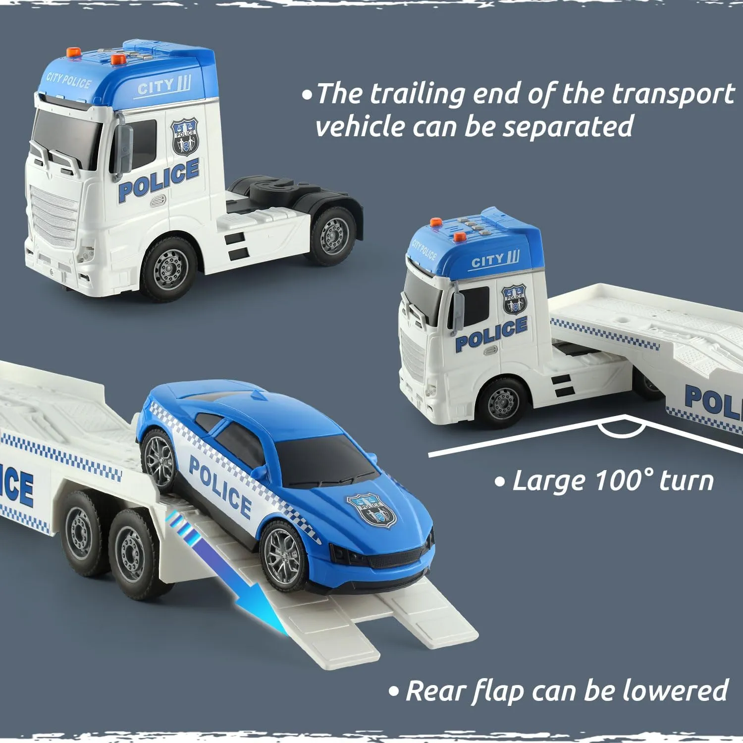 25.6'' Large Police Car Toy and Semi Truck Toy with Racing Car and Helicopter - Police Toys,Birthday Gifts for Kids Child 3 4 5 6 Years Old