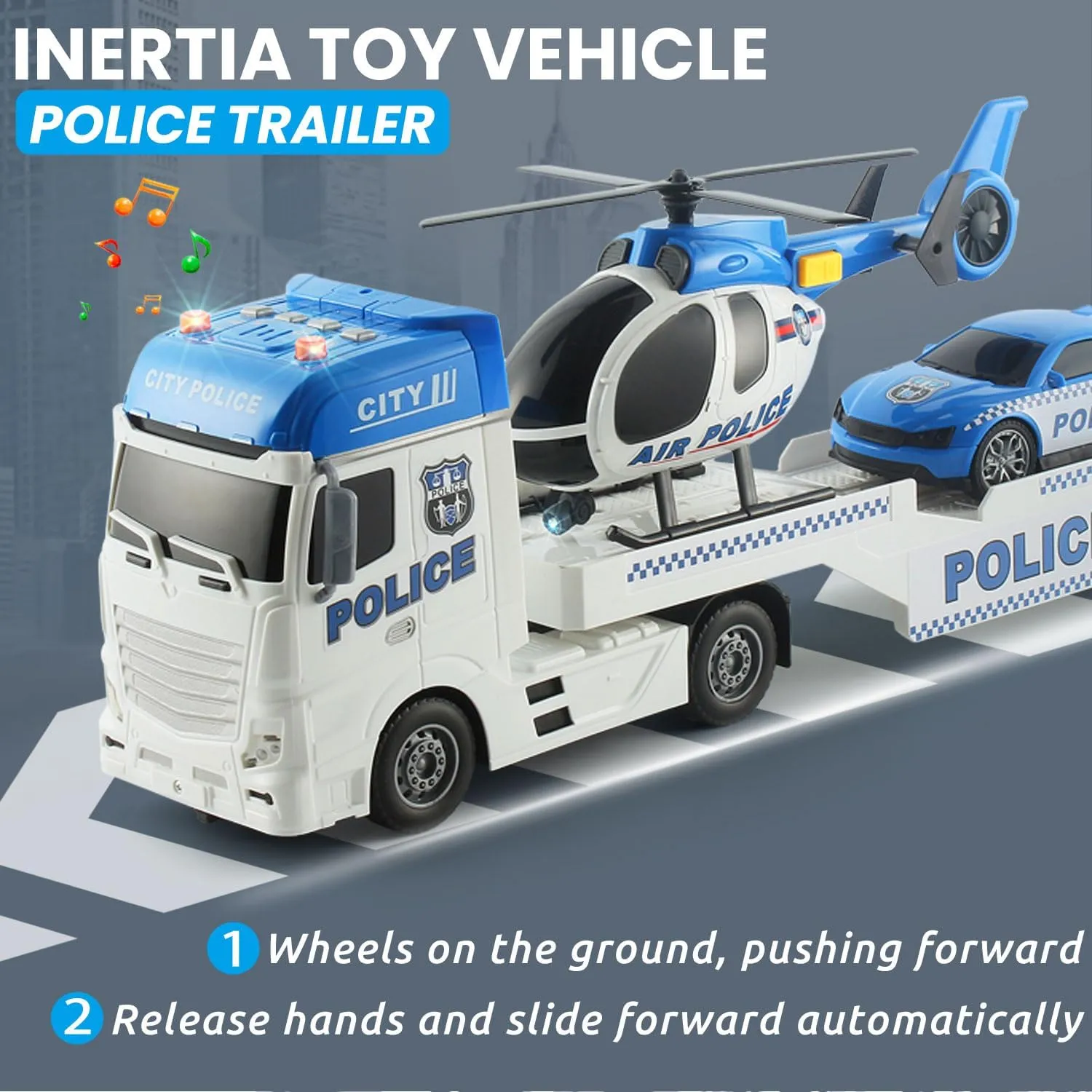 25.6'' Large Police Car Toy and Semi Truck Toy with Racing Car and Helicopter - Police Toys,Birthday Gifts for Kids Child 3 4 5 6 Years Old