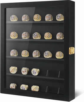 25 Pcs Championship Ring Display Case Baseball Ring Display Case Holder Lockable Wall Mount Wooden Shadow Box for Baseball Basketball Football Award Rings Fan Souvenirs