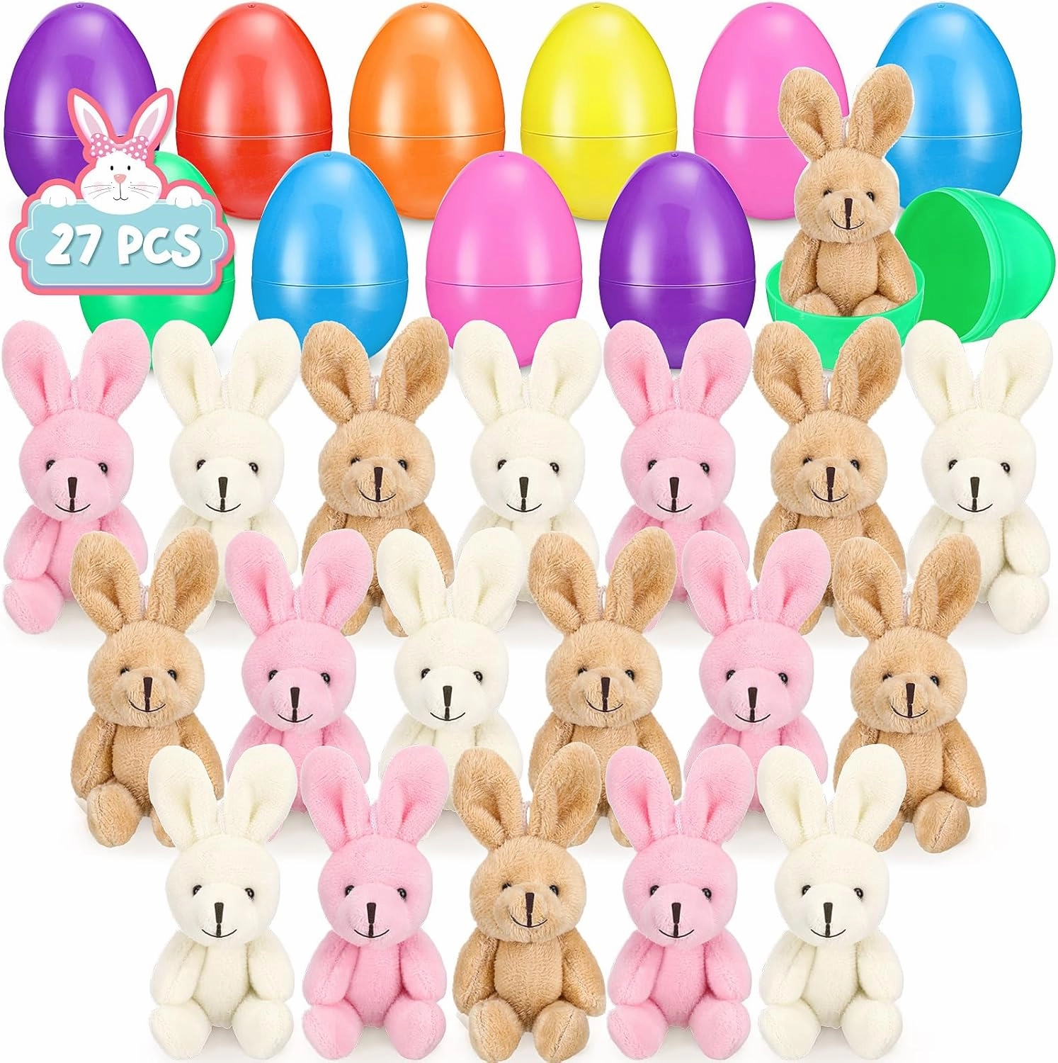 27 Set Filled Easter Eggs with Plush Bunny 4.33 Inch Colorful Bunnies Plush Plastic Easter Eggs Prefilled with Stuffed Animals for Toddler Egg Hunt Basket Stuffer Party Favors