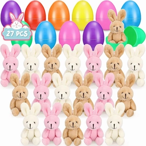 27 Set Filled Easter Eggs with Plush Bunny 4.33 Inch Colorful Bunnies Plush Plastic Easter Eggs Prefilled with Stuffed Animals for Toddler Egg Hunt Basket Stuffer Party Favors