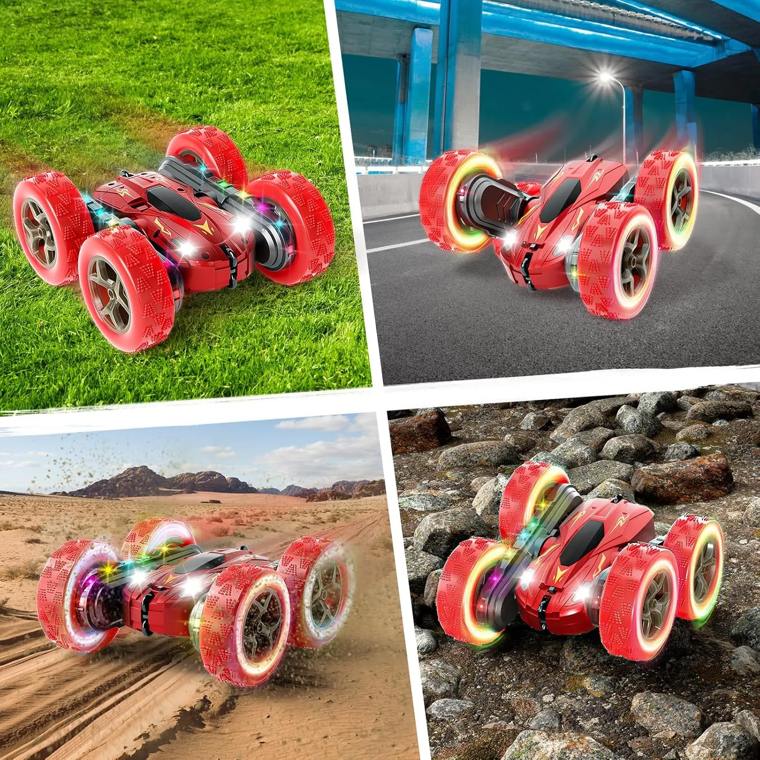 28℃ Remote Control Car,RC Cars with Sides Light Strip and Headlights,Double Sided 360 Flips Rotating RC Stunt Car,2.4Ghz All Terrain Toys for Ages 5-7 Kids Toy for Boys Girls, Red