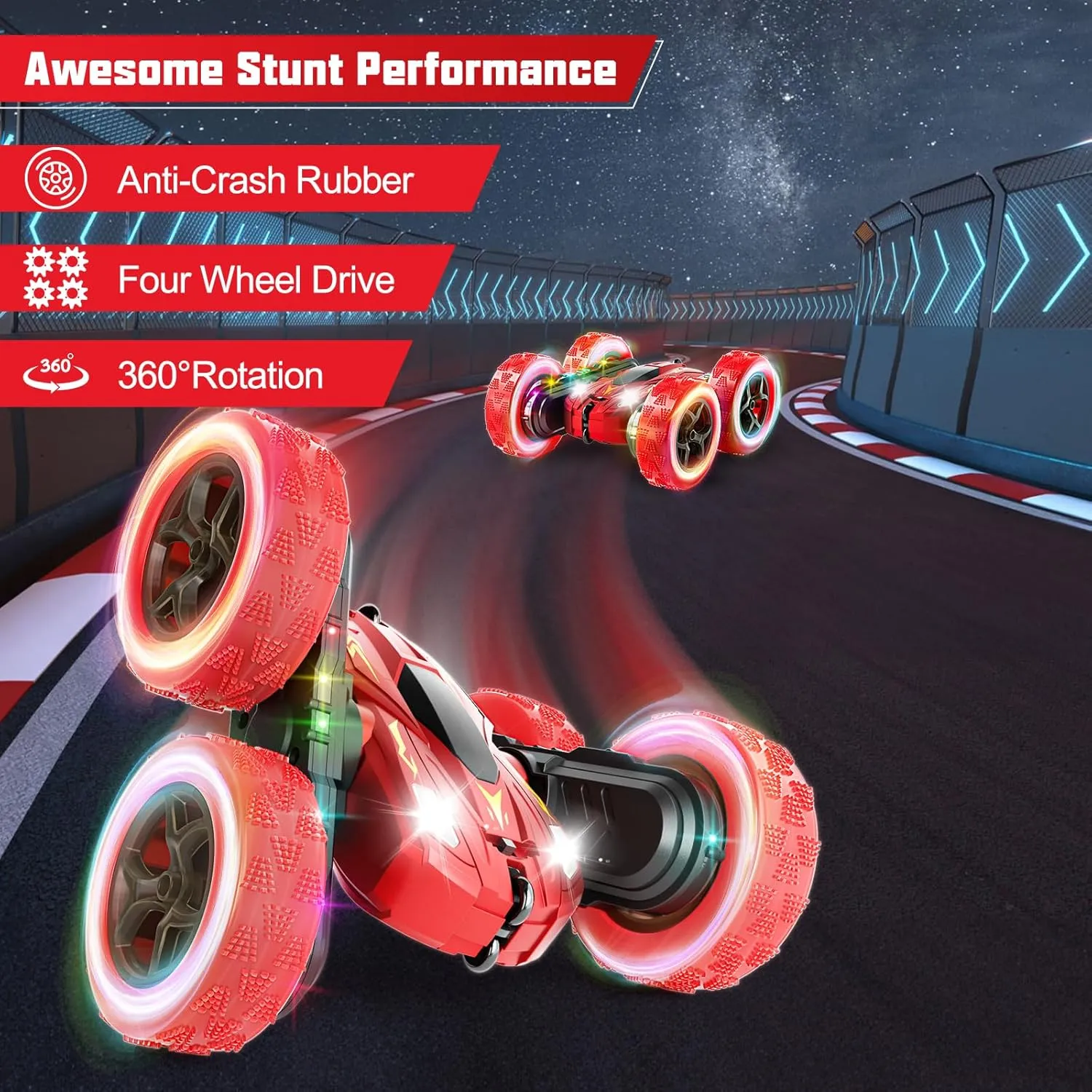 28℃ Remote Control Car,RC Cars with Sides Light Strip and Headlights,Double Sided 360 Flips Rotating RC Stunt Car,2.4Ghz All Terrain Toys for Ages 5-7 Kids Toy for Boys Girls, Red