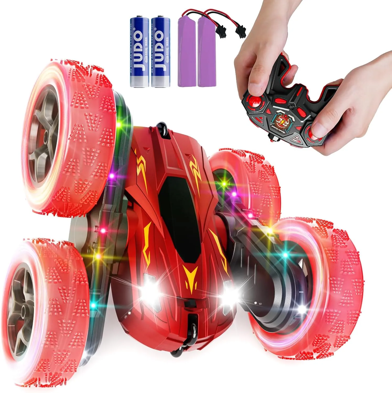 28℃ Remote Control Car,RC Cars with Sides Light Strip and Headlights,Double Sided 360 Flips Rotating RC Stunt Car,2.4Ghz All Terrain Toys for Ages 5-7 Kids Toy for Boys Girls, Red