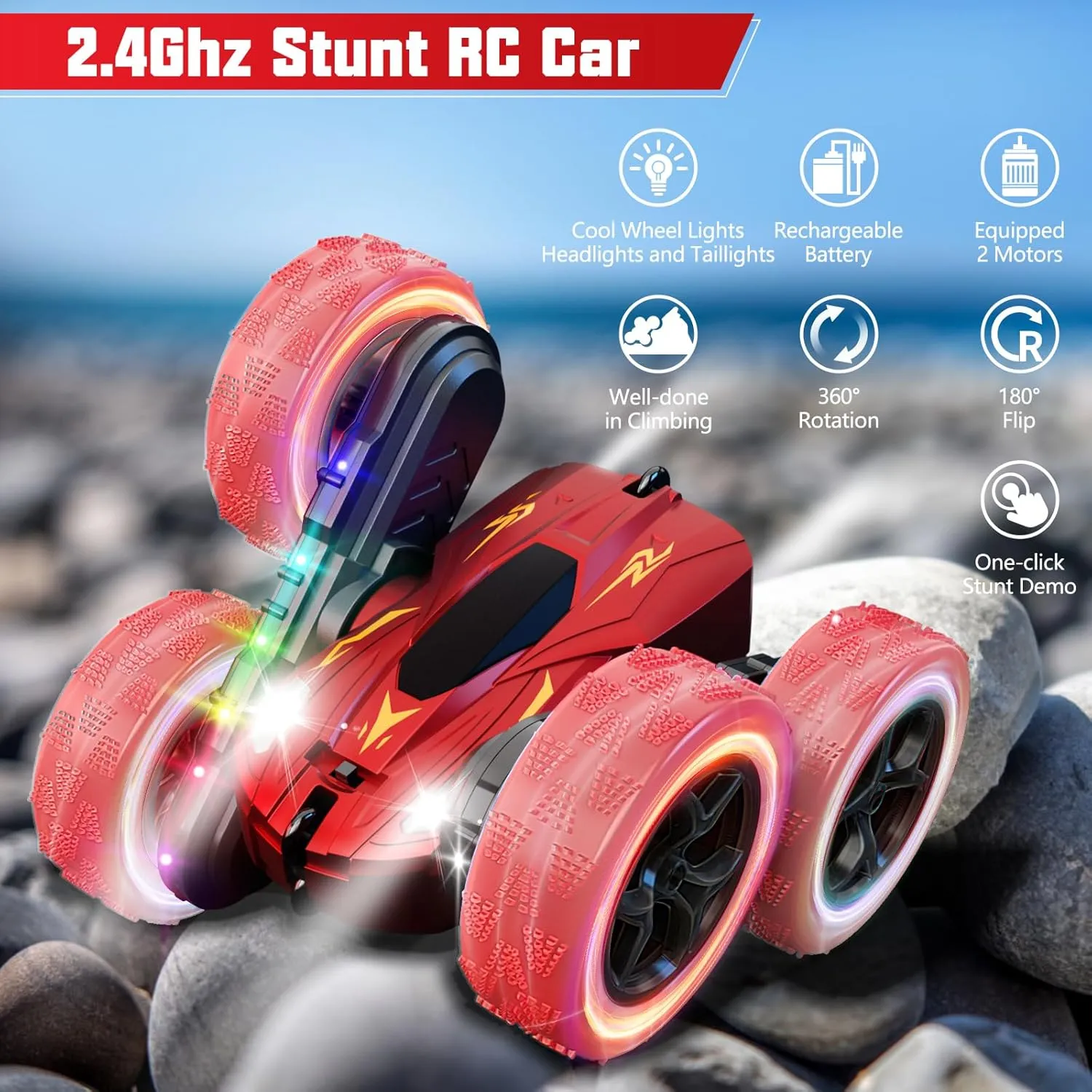 28℃ Remote Control Car,RC Cars with Sides Light Strip and Headlights,Double Sided 360 Flips Rotating RC Stunt Car,2.4Ghz All Terrain Toys for Ages 5-7 Kids Toy for Boys Girls, Red