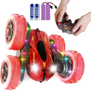 28℃ Remote Control Car,RC Cars with Sides Light Strip and Headlights,Double Sided 360 Flips Rotating RC Stunt Car,2.4Ghz All Terrain Toys for Ages 5-7 Kids Toy for Boys Girls, Red
