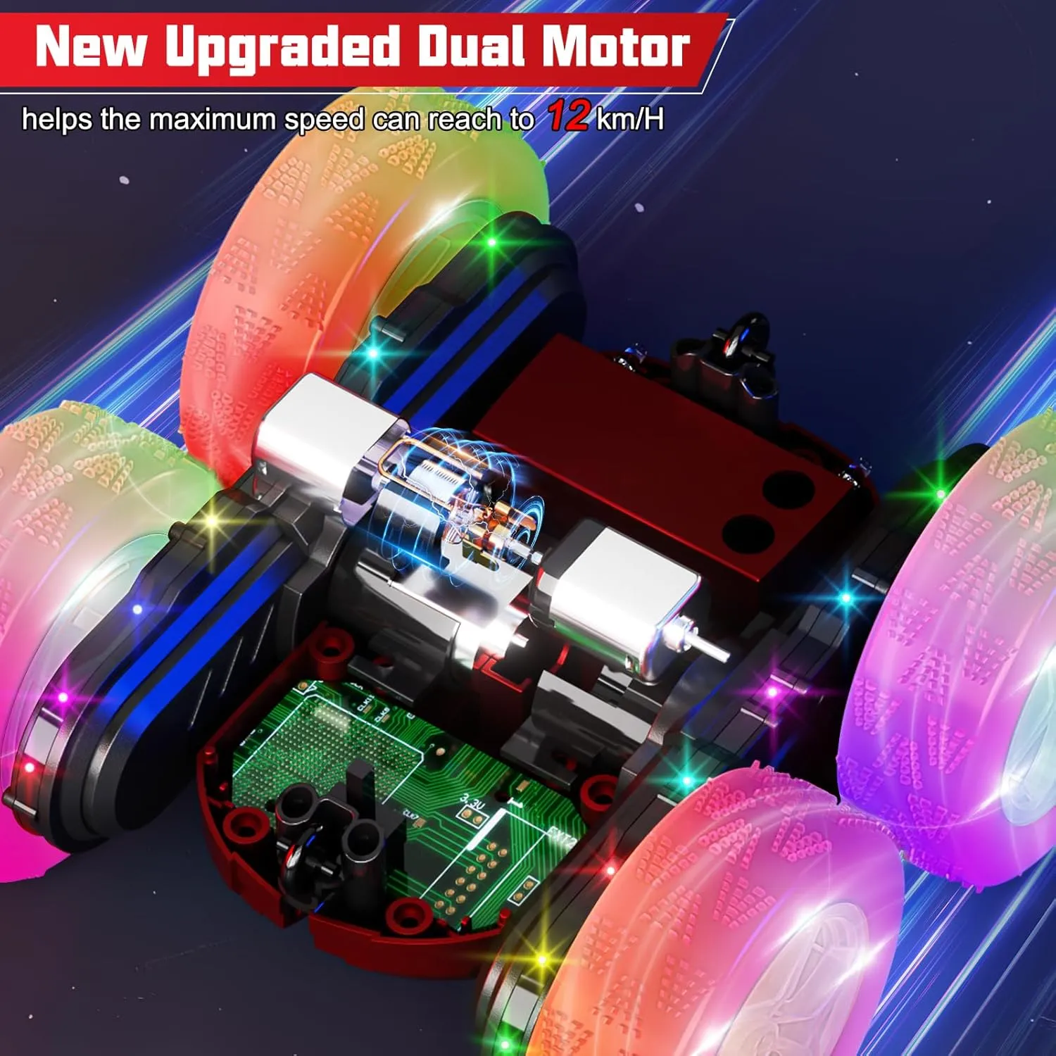 28℃ Remote Control Car,RC Cars with Sides Light Strip and Headlights,Double Sided 360 Flips Rotating RC Stunt Car,2.4Ghz All Terrain Toys for Ages 5-7 Kids Toy for Boys Girls, Red