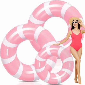 2 Pcs Jumbo Pink Swim Ring with Handles 47.24 Inches Inflatable Pool Float Tube Classic Striped Inflatable Swimming Pool Ring for Adults Summer Pool Lounger Rafts Beach Party Supplies