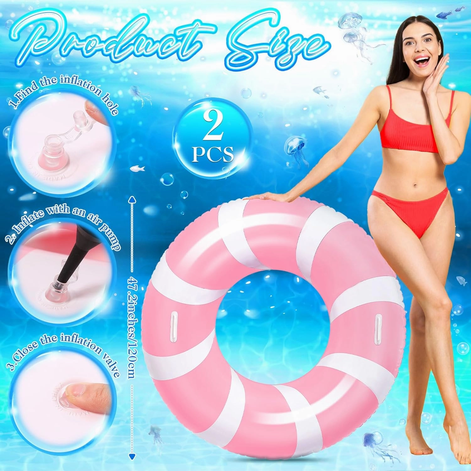 2 Pcs Jumbo Pink Swim Ring with Handles 47.24 Inches Inflatable Pool Float Tube Classic Striped Inflatable Swimming Pool Ring for Adults Summer Pool Lounger Rafts Beach Party Supplies