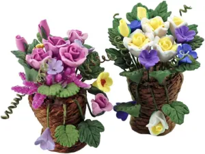 2pcs Mini Flower Basket Ornament Green Decor Dollhouse Faux Plant Dolls Model Miniature Doll Houses Potted Flowers Prank Artificial Mini House Small Floral Decoration Clay Colorful