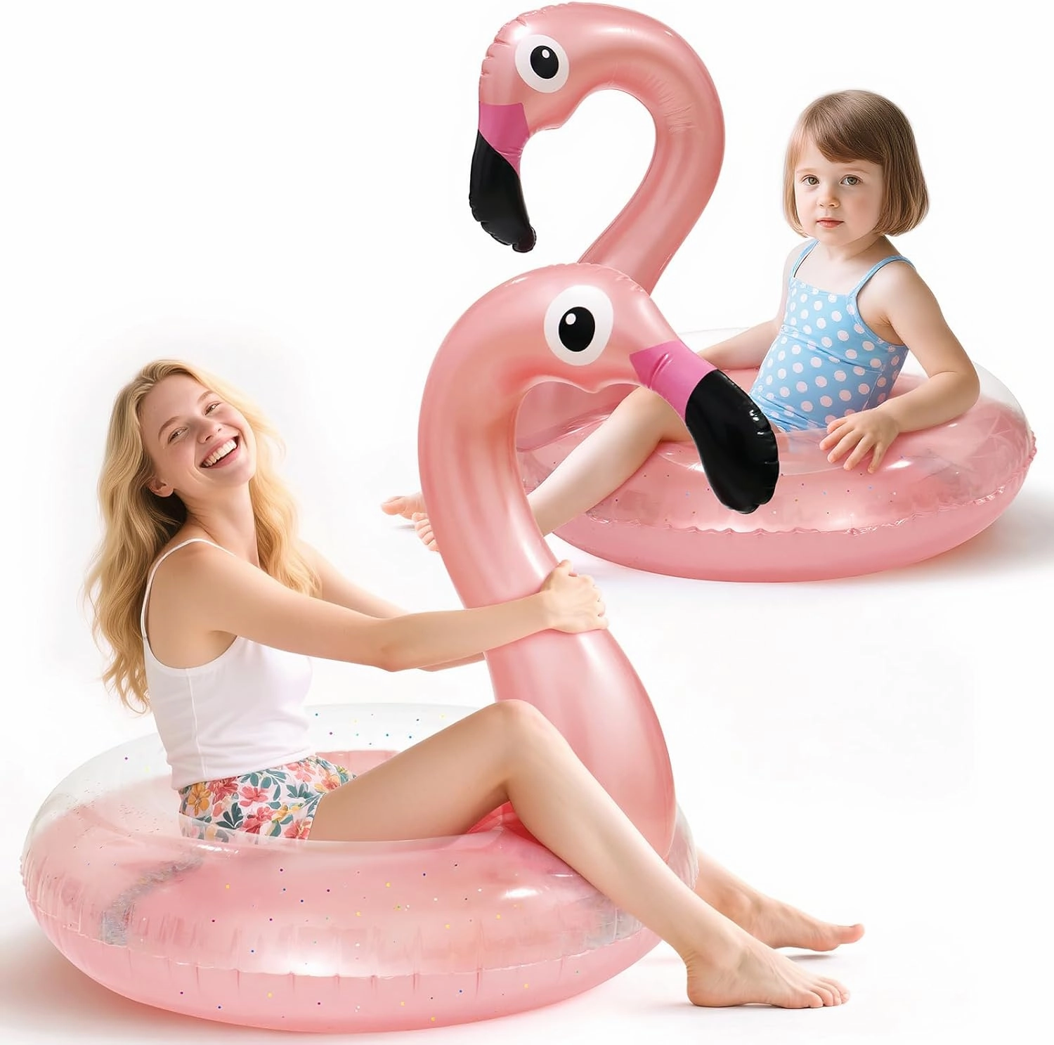 2PCS Flamingo Inflatable Pool Floats Adult Kids, Glitters Translucent Inflatable Pool Float for Kids Ages 6 , Fun Beach Floaties Summer Water Party Supplies（2 Size）
