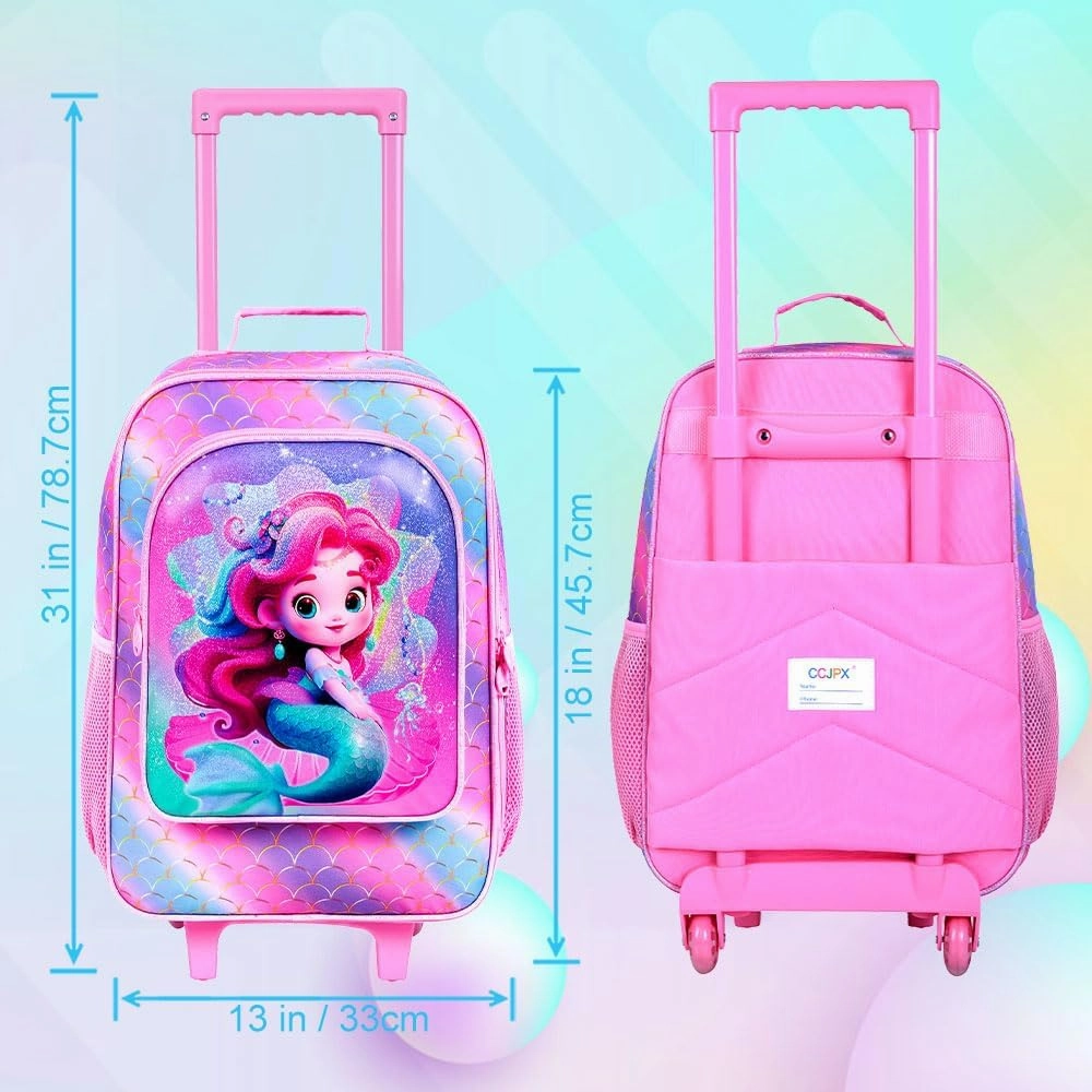 2PCS Girls Suitcase Set, 18" Kids Mermaid Carry on Luggage with Wheels, Cute Travel Rolling with 12" Toddler Backpack(Pink)
