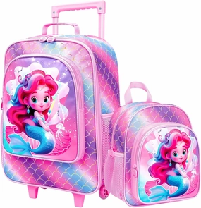 2PCS Girls Suitcase Set, 18" Kids Mermaid Carry on Luggage with Wheels, Cute Travel Rolling with 12" Toddler Backpack(Pink)