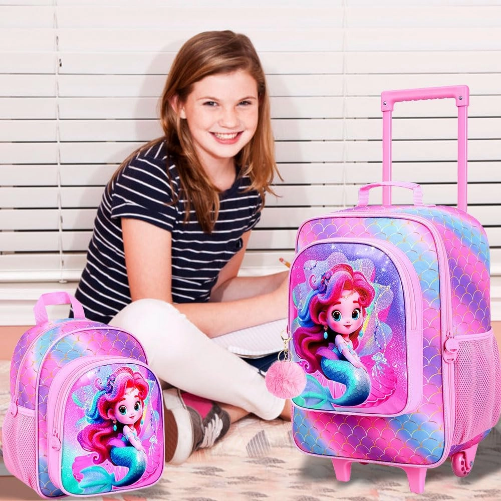 2PCS Girls Suitcase Set, 18" Kids Mermaid Carry on Luggage with Wheels, Cute Travel Rolling with 12" Toddler Backpack(Pink)
