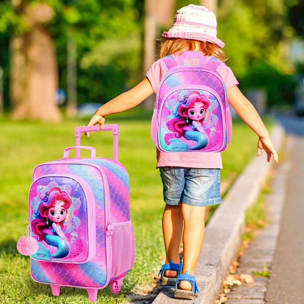2PCS Girls Suitcase Set, 18" Kids Mermaid Carry on Luggage with Wheels, Cute Travel Rolling with 12" Toddler Backpack(Pink)