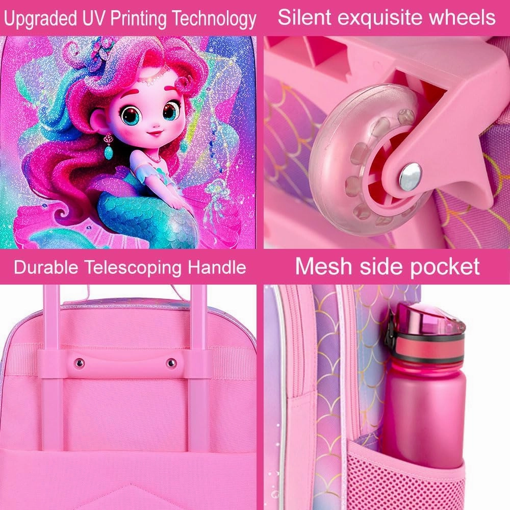 2PCS Girls Suitcase Set, 18" Kids Mermaid Carry on Luggage with Wheels, Cute Travel Rolling with 12" Toddler Backpack(Pink)
