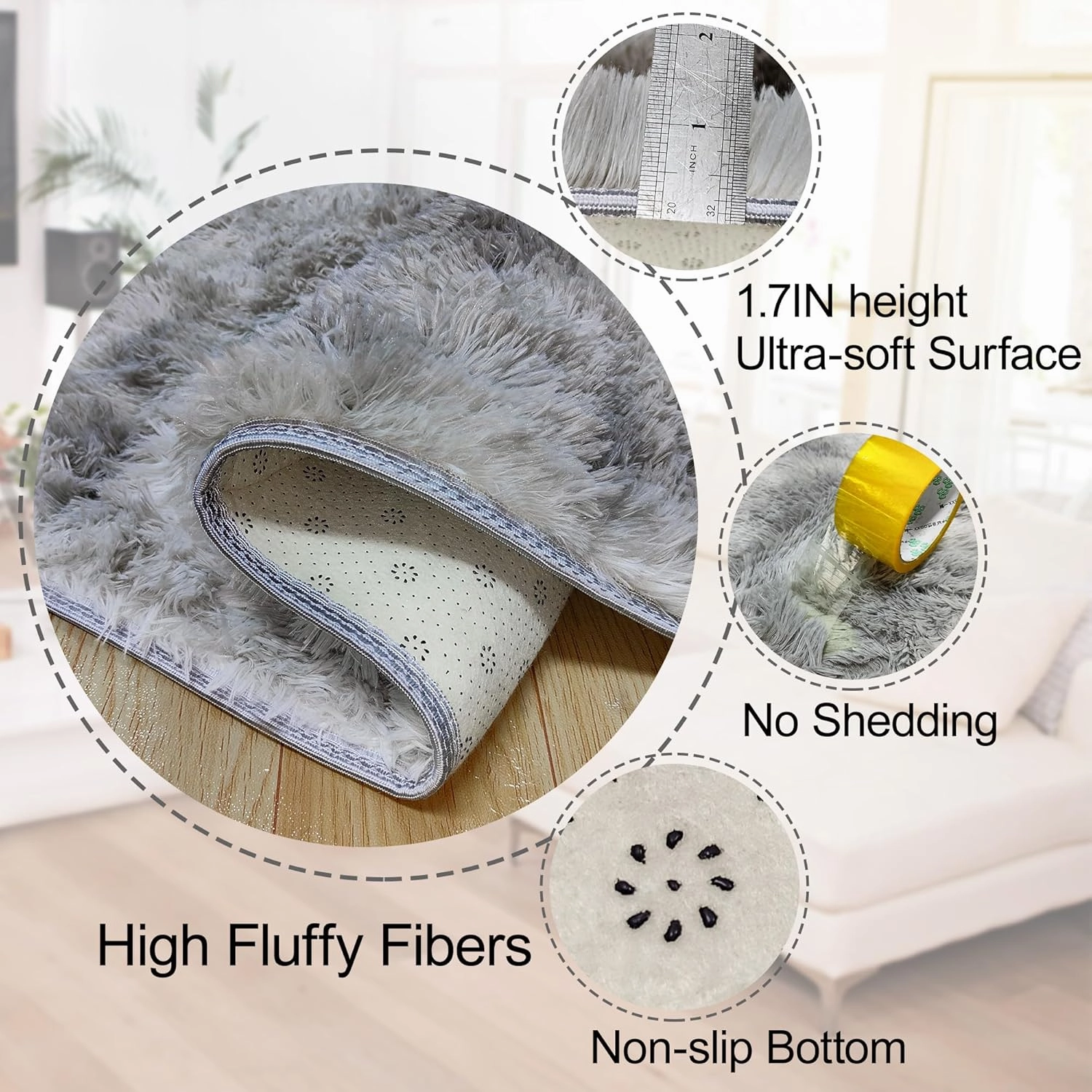 2x6 Ft Gray Rugs for Bedroom Fluffy Runner Area Rug for Living Room Gray Bedroom Rug Soft Fuzzy Shaggy Carpet for Kids Room Dorm Nursery with Non-Slip Bottom