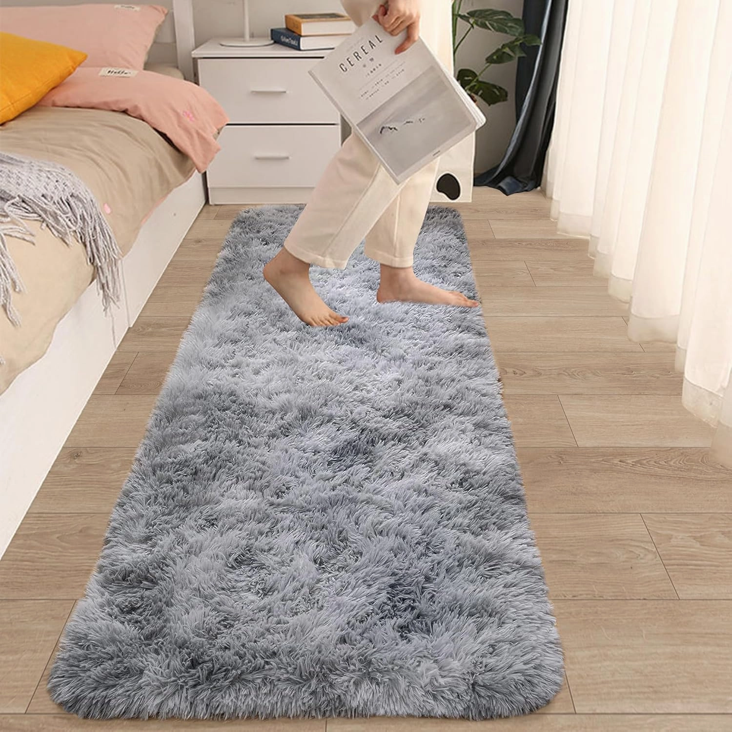 2x6 Ft Gray Rugs for Bedroom Fluffy Runner Area Rug for Living Room Gray Bedroom Rug Soft Fuzzy Shaggy Carpet for Kids Room Dorm Nursery with Non-Slip Bottom