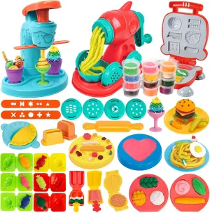 3 in 1 Color Dough Kitchen Creations Set, Art Crafts Food Modeling Play Toys, Ice Cream Noodle Hamburger Maker Machine, Kitchen Creations Food，Color Dough Sets for Boys Girls Kids Toddlers Ages 3 