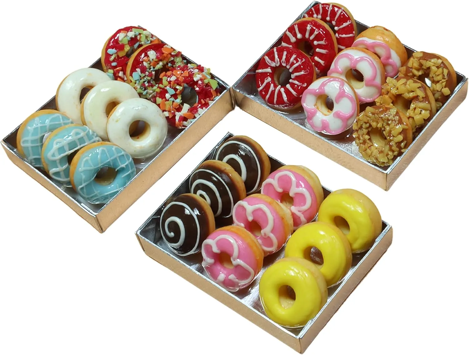 3 Pieces 1:12 Donut Dollhouse Miniature in Tray, Dollhouse Food Colorful Donut Dollhouse Kitchen Miniature