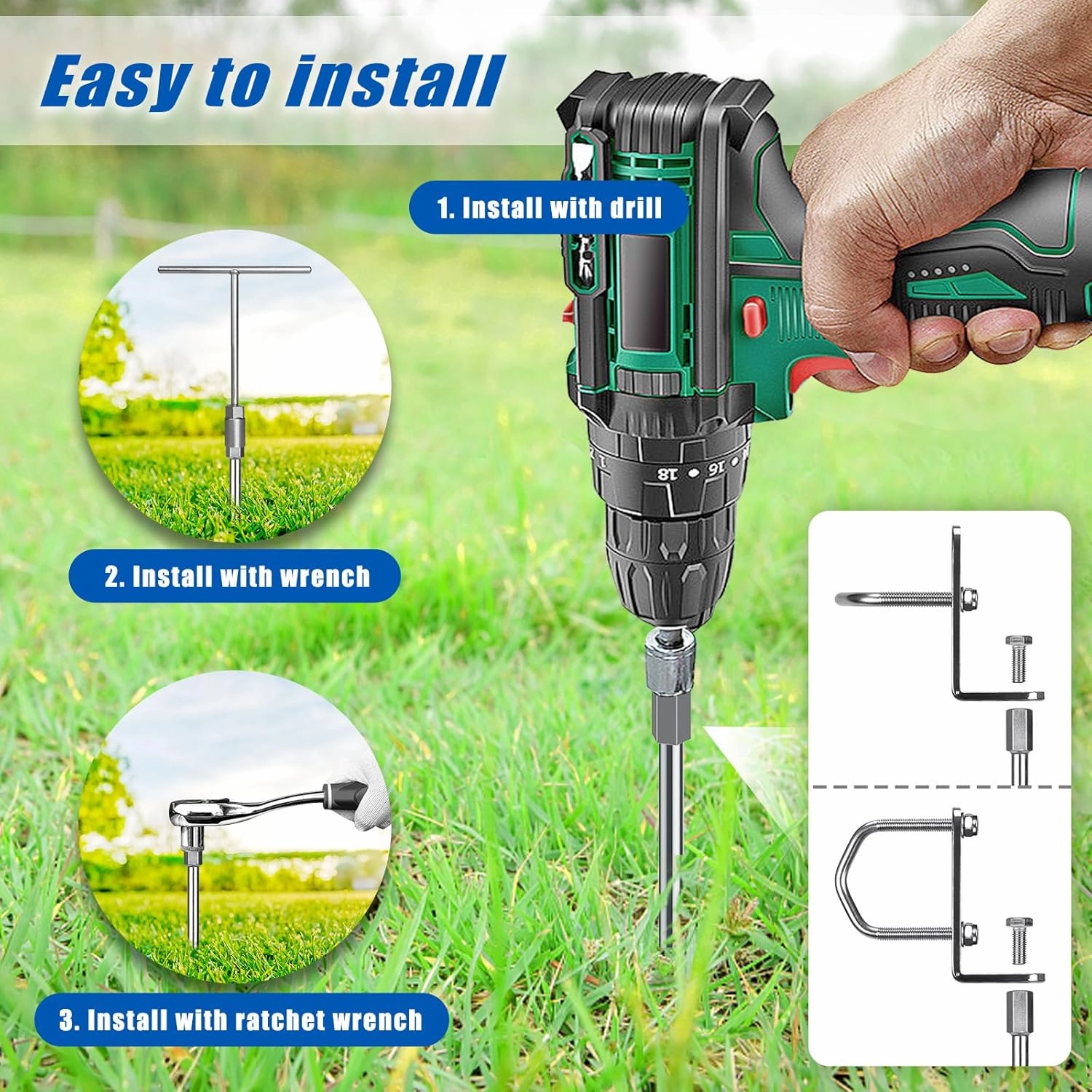 30" Heavy Duty Screw in Ground Anchors Kit, 3" Spiral Windproof Earth Anchors for Trampoline, Shed, Swing Set & Mobile Home, Fully Welded Steel with Nut Driver Drill Bit (Set of 4)