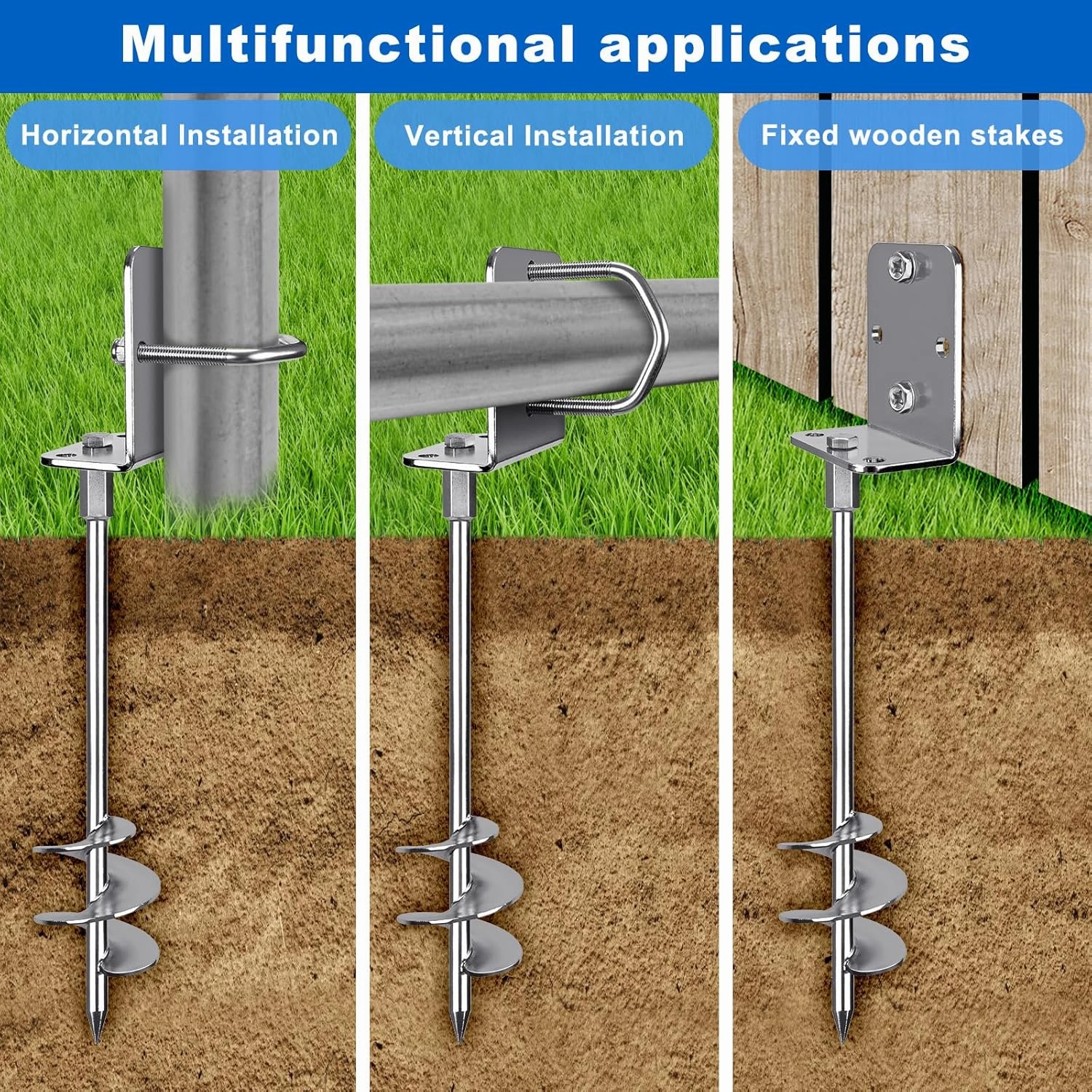30" Heavy Duty Screw in Ground Anchors Kit, 3" Spiral Windproof Earth Anchors for Trampoline, Shed, Swing Set & Mobile Home, Fully Welded Steel with Nut Driver Drill Bit (Set of 4)