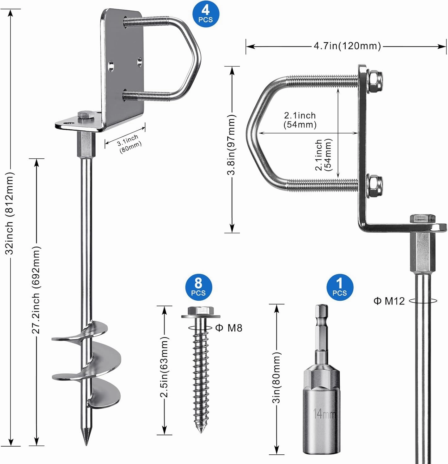 30" Heavy Duty Screw in Ground Anchors Kit, 3" Spiral Windproof Earth Anchors for Trampoline, Shed, Swing Set & Mobile Home, Fully Welded Steel with Nut Driver Drill Bit (Set of 4)
