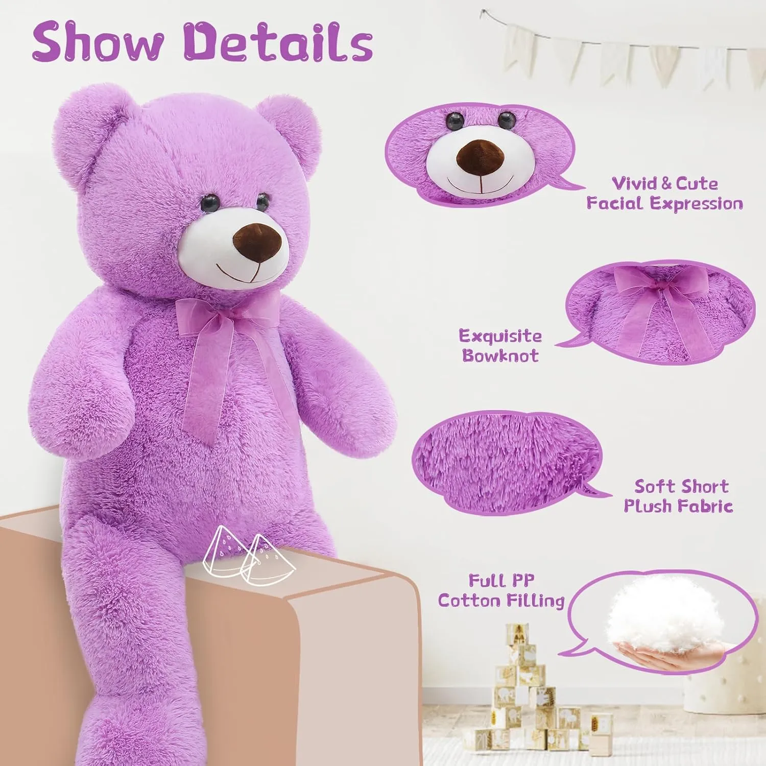 36 inch Big Teddy Bear Cute Giant Stuffed Animals Soft Plush Bear for Girlfriend Kids, Purple