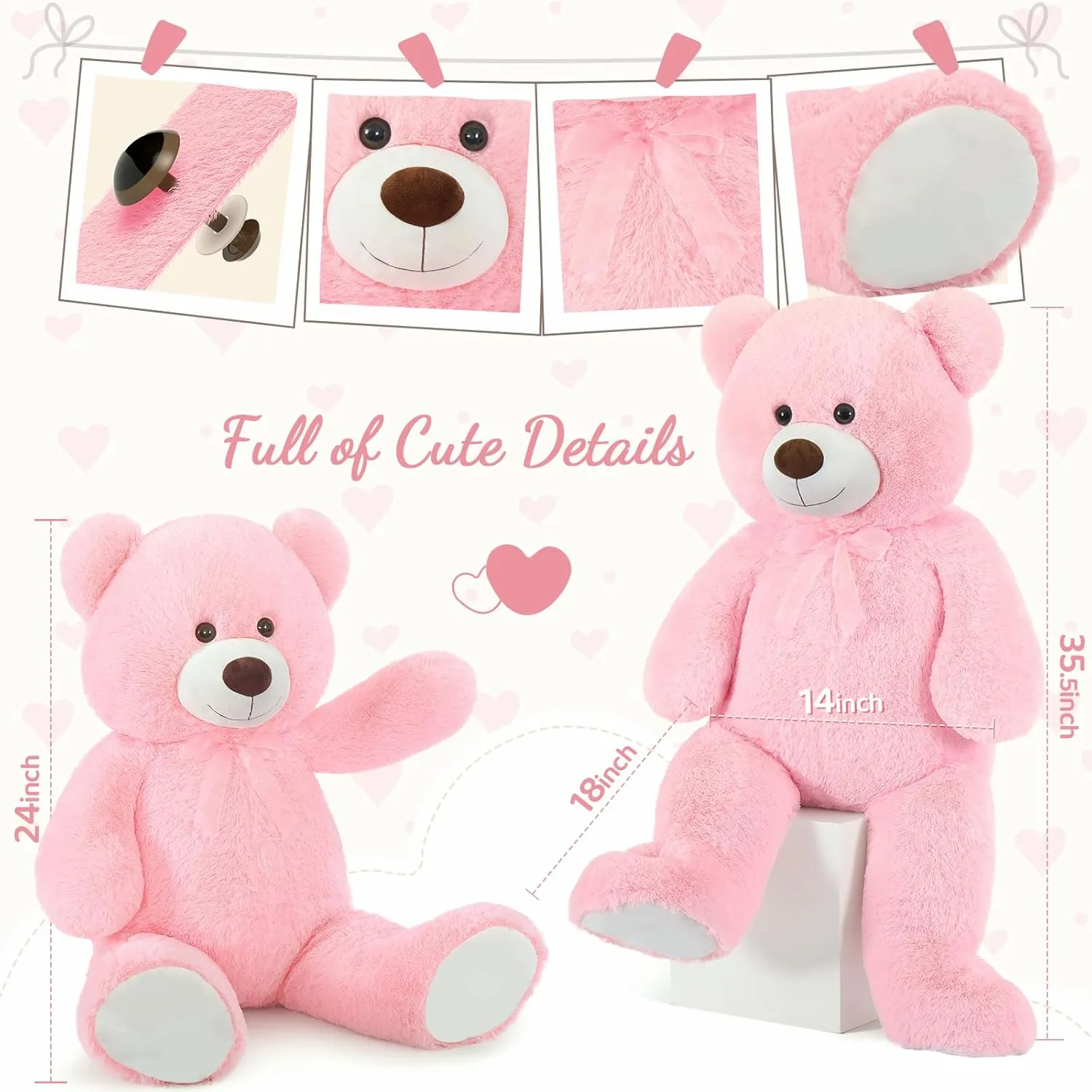 36 inch Big Teddy Bear Giant Pink Plush Bear Stuffed Animal Cute Bear Plush for Baby Shower, Super Soft Cuddly Bear Toy for Kids Girlfriend Valentine's Day