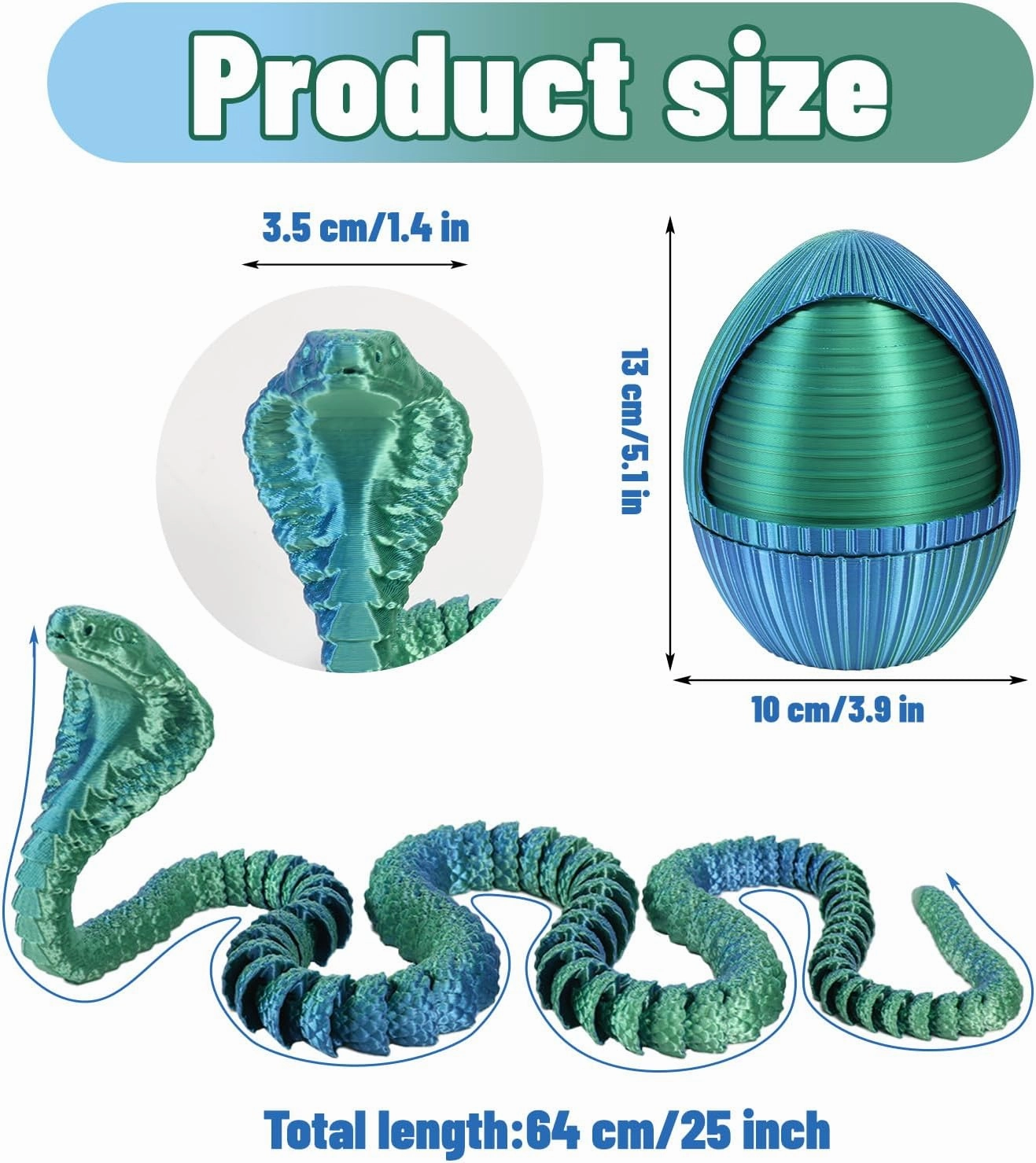 3D Printed Gear Rotary Snake Eggs, with 25'' Movable Joint Fidget Cobra Animal Model Inside, Creative Ornaments Toys for Easter Home Office Tabletop Decor (Blue Green, 5" Egg)