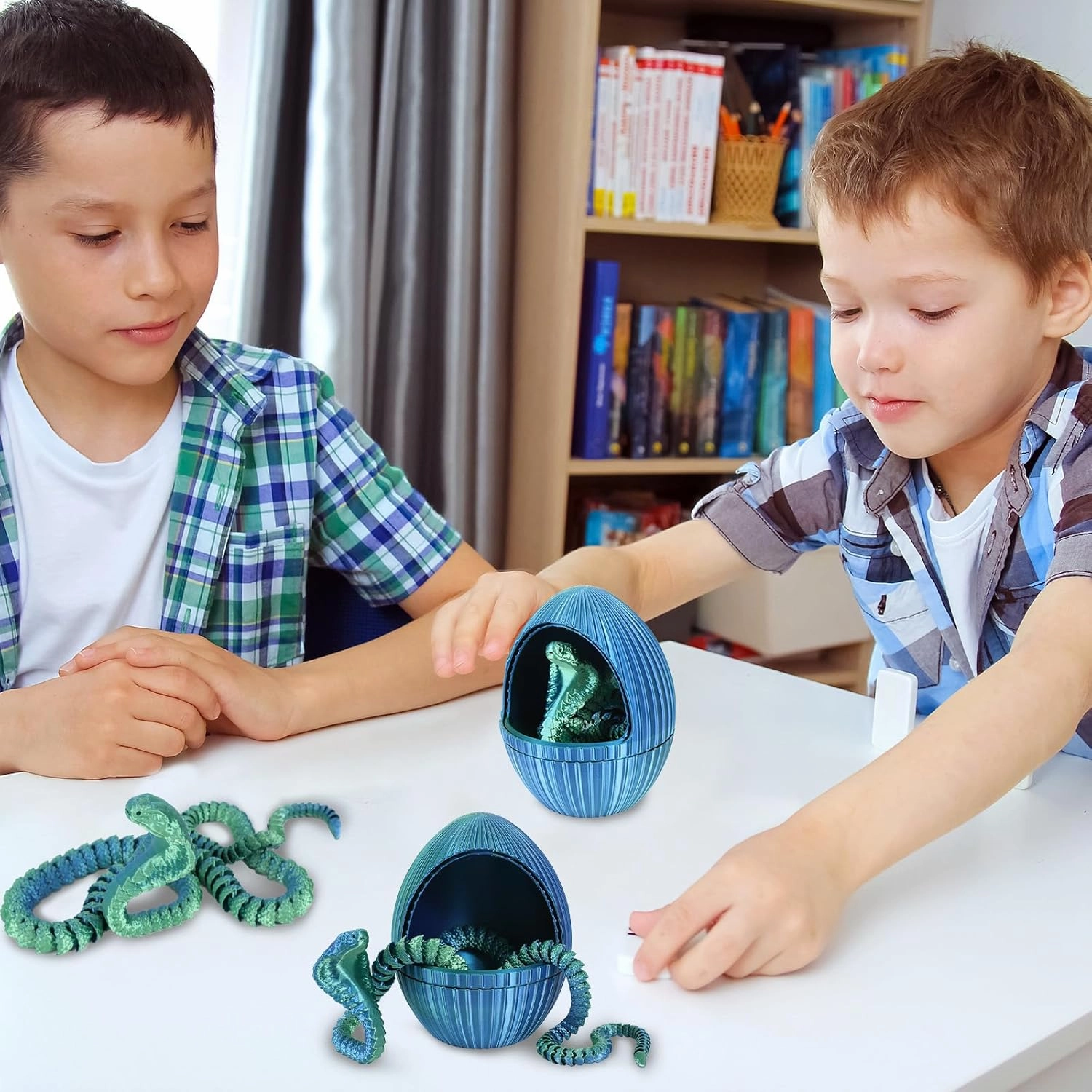 3D Printed Gear Rotary Snake Eggs, with 25'' Movable Joint Fidget Cobra Animal Model Inside, Creative Ornaments Toys for Easter Home Office Tabletop Decor (Blue Green, 5" Egg)