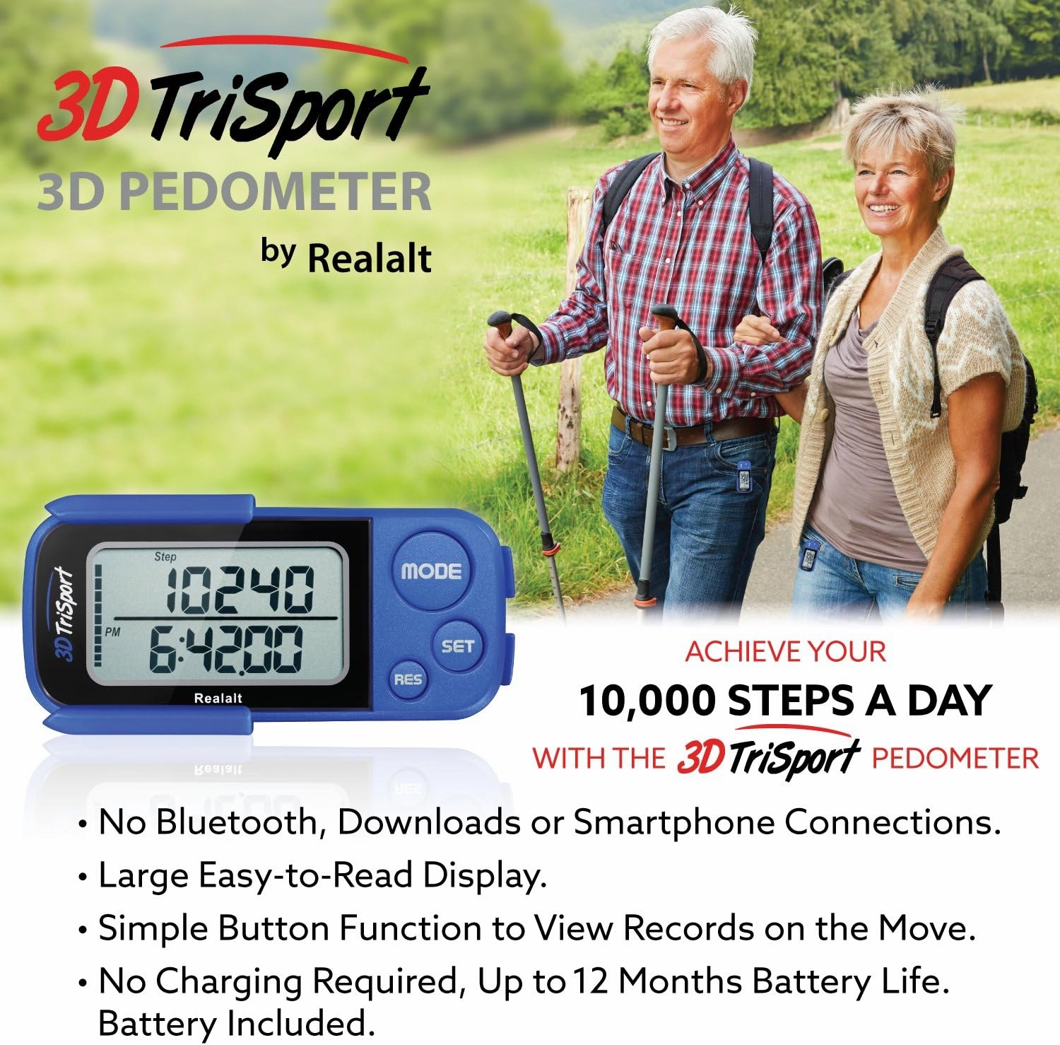 3DTriSport Walking 3D Pedometer with Clip and Strap, Free eBook | 30 Days Memory, Accurate Step Counter, Walking Distance Miles/Km, Calorie Counter
