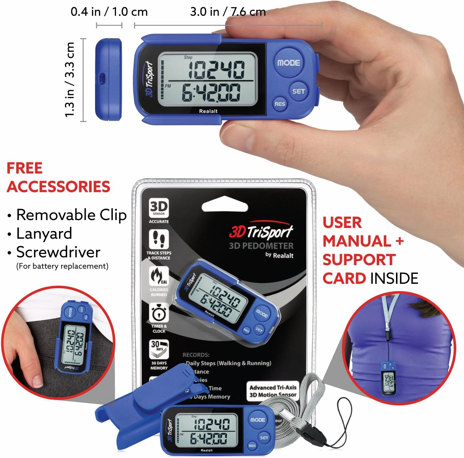 3DTriSport Walking 3D Pedometer with Clip and Strap, Free eBook | 30 Days Memory, Accurate Step Counter, Walking Distance Miles/Km, Calorie Counter