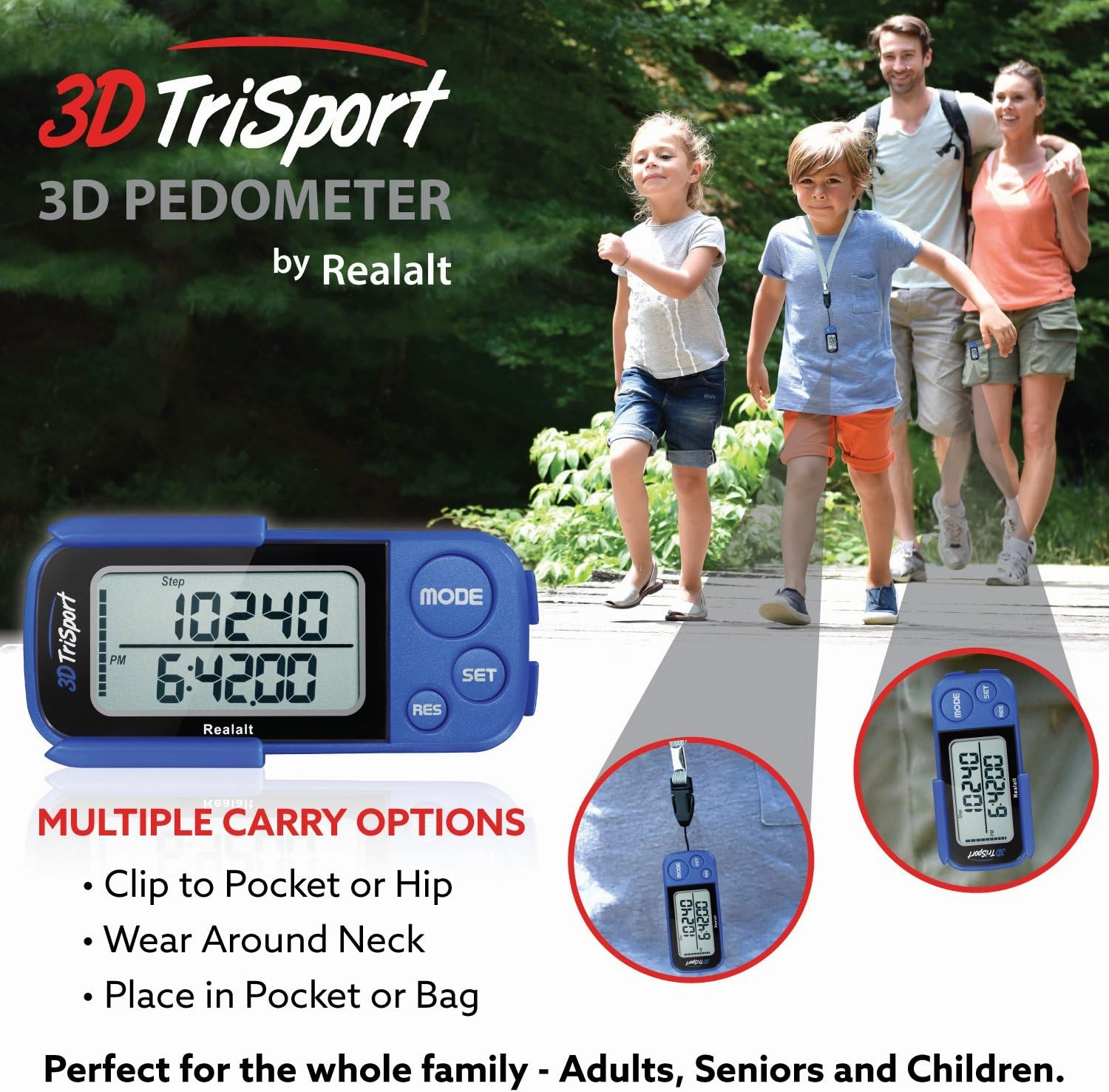 3DTriSport Walking 3D Pedometer with Clip and Strap, Free eBook | 30 Days Memory, Accurate Step Counter, Walking Distance Miles/Km, Calorie Counter