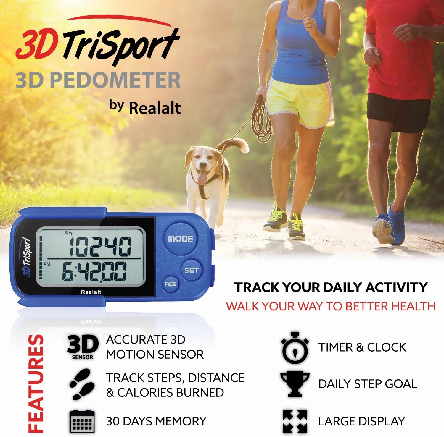 3DTriSport Walking 3D Pedometer with Clip and Strap, Free eBook | 30 Days Memory, Accurate Step Counter, Walking Distance Miles/Km, Calorie Counter